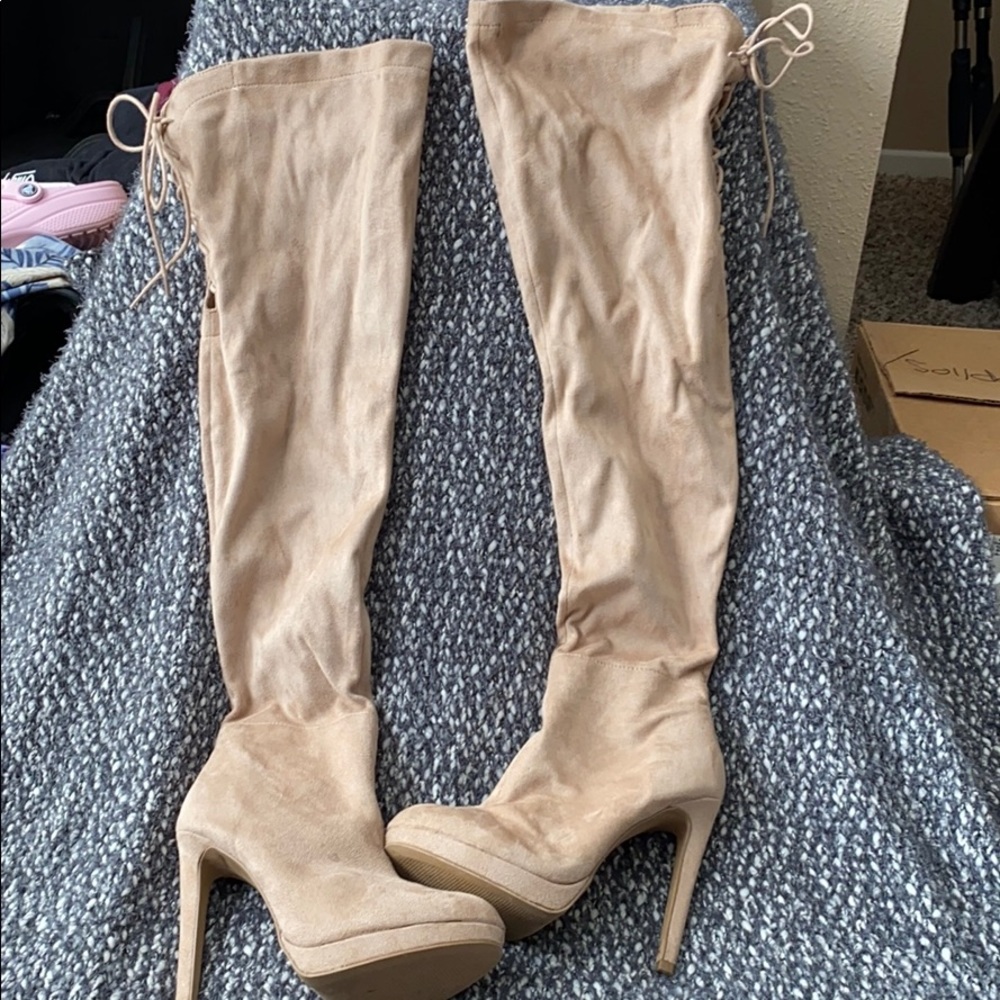 Thigh high nude suede boot High heels